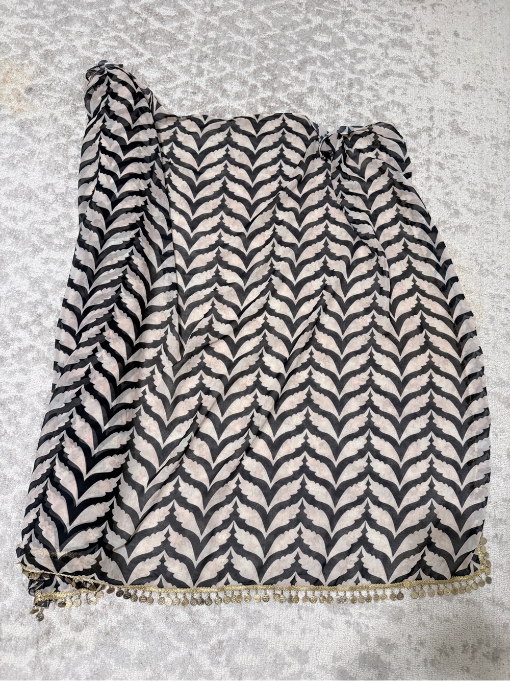 Black and Cream Patterned saree with Gold Tassel Trim